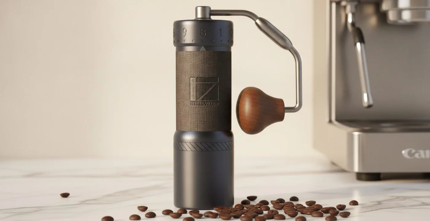 1Zpresso J-Ultra hand grinder with external numbered dial and magnetic catch cup