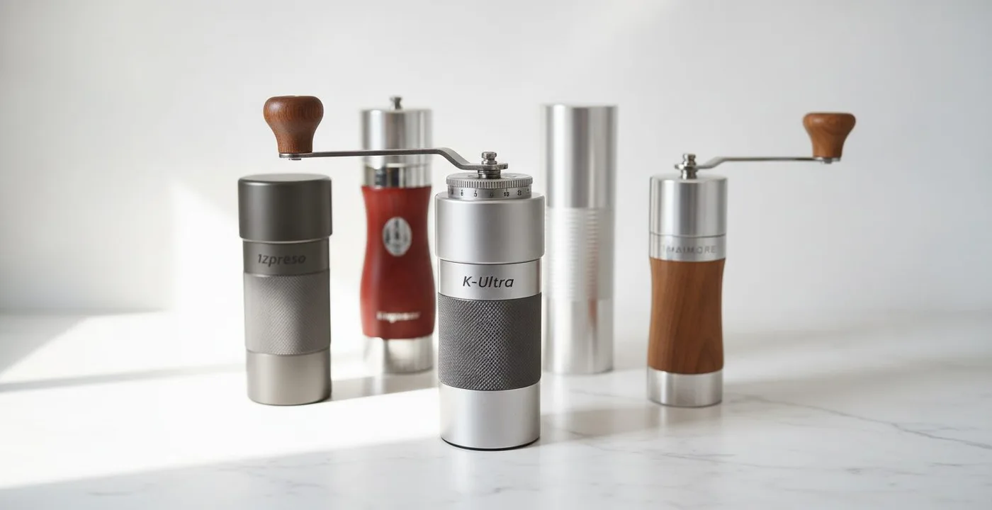1Zpresso K-Ultra hand grinder on a coffee brewing station