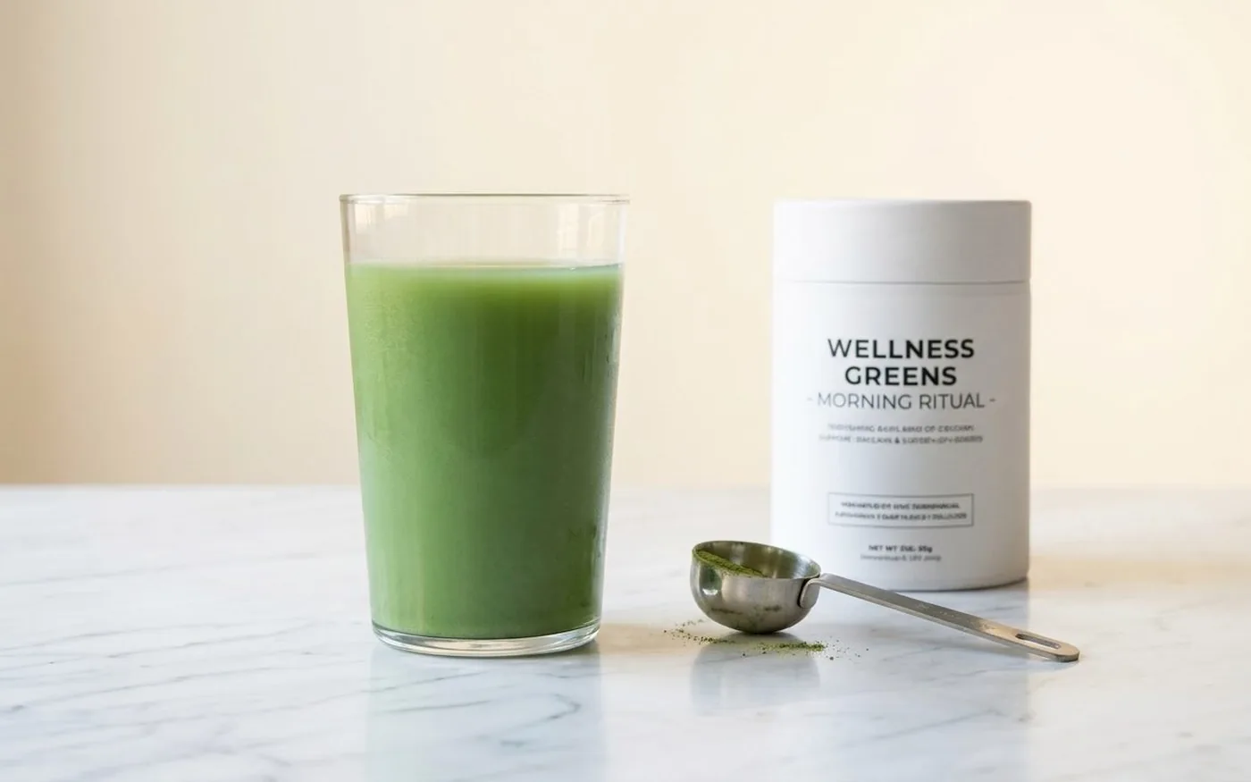 Glass of AG1 green supplement drink on a white marble countertop, morning wellness ritual