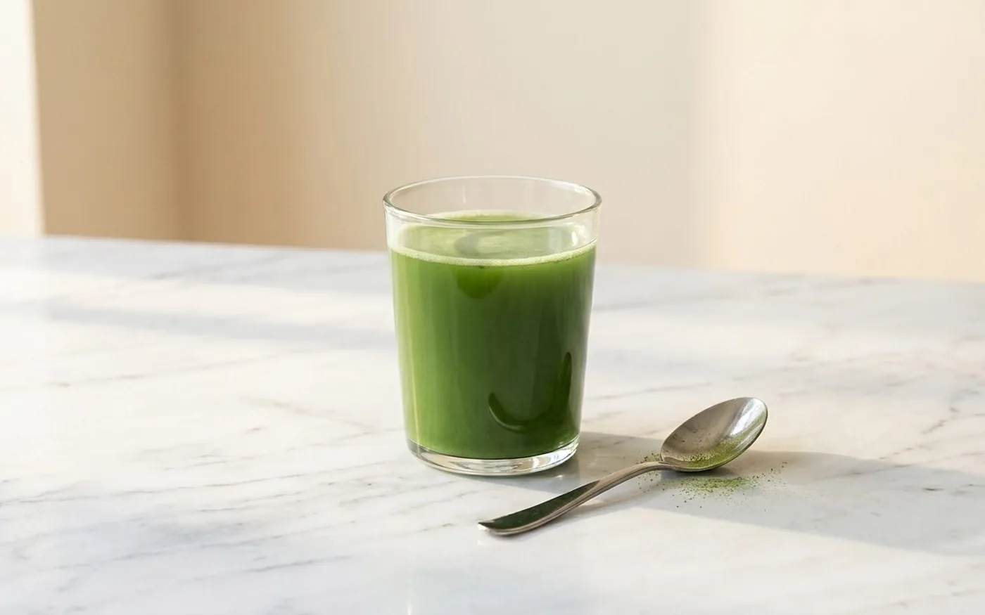 Freshly mixed glass of AG1 supplement drink on a white marble counter with a spoon showing clean mixability