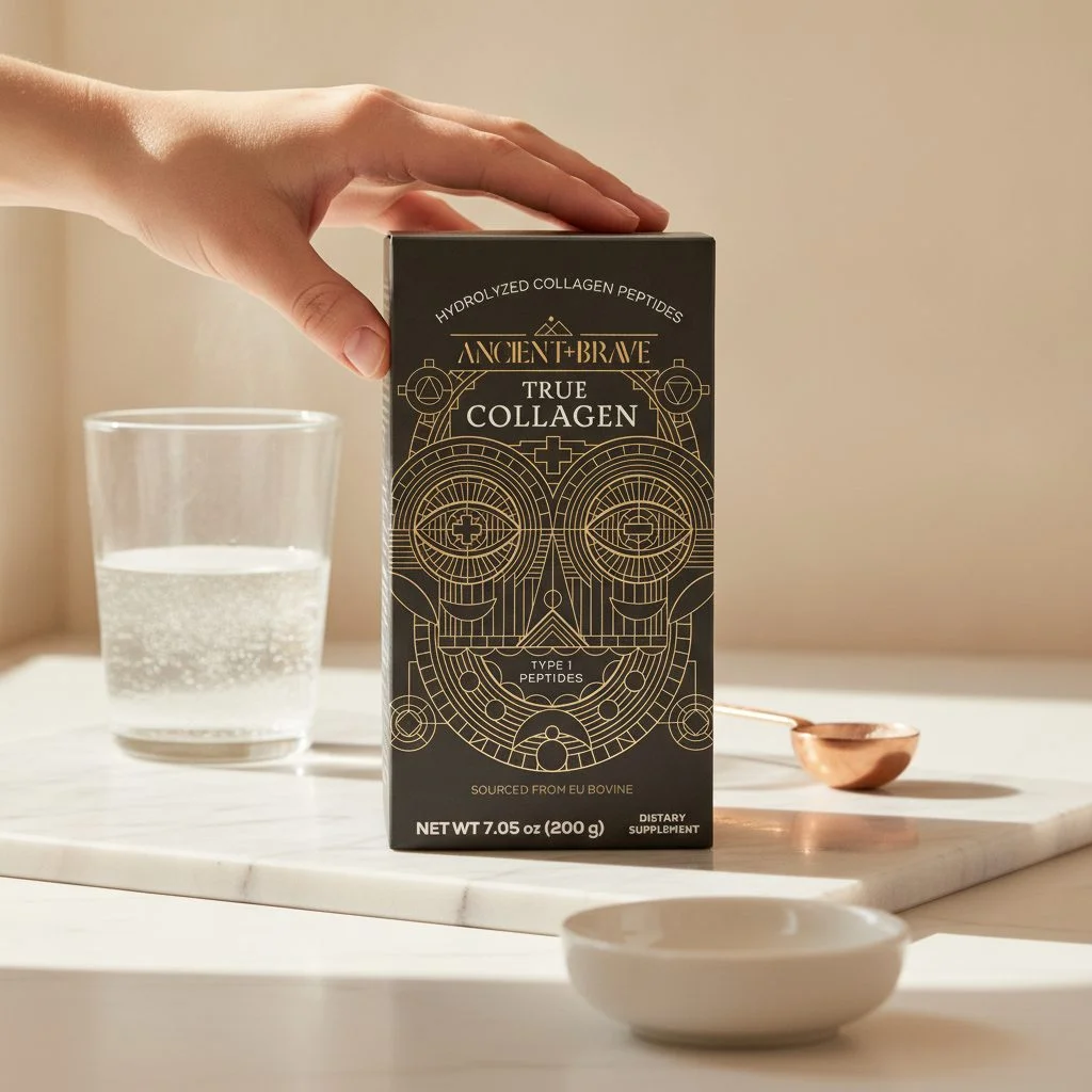 Ancient + Brave True Collagen powder pouch on a clean white surface