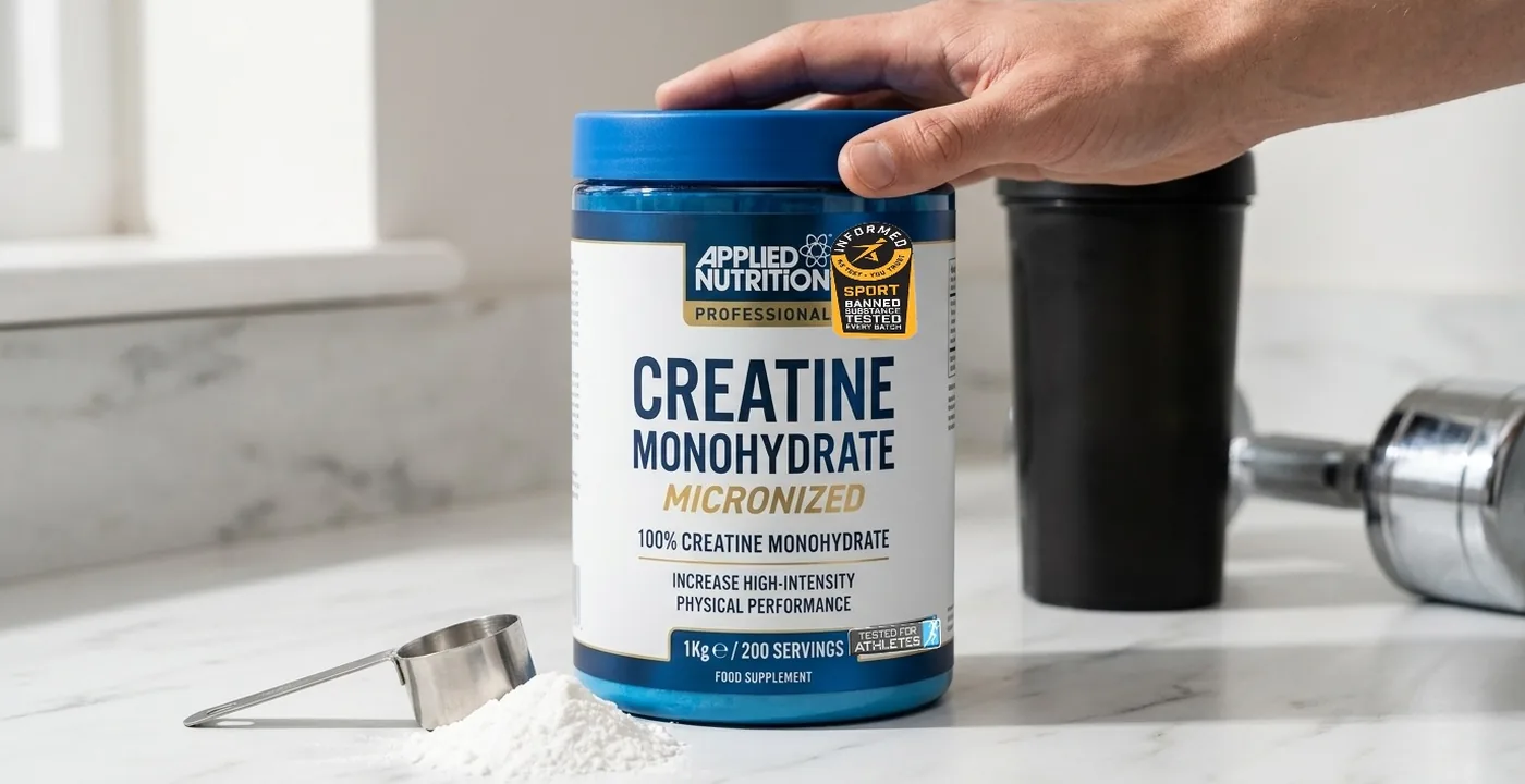 Applied Nutrition creatine monohydrate powder tub on a gym surface