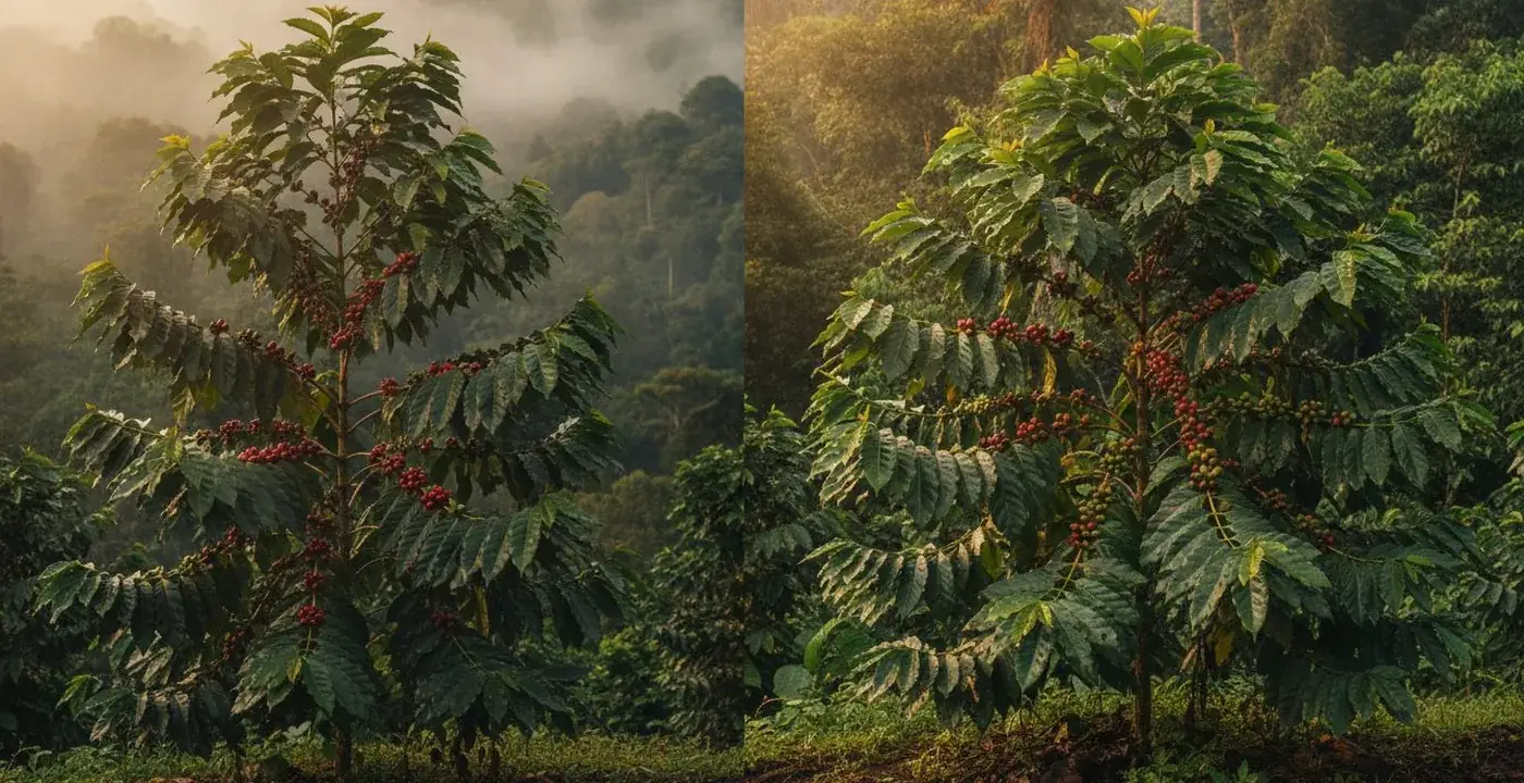Side-by-side view of arabica and robusta coffee cherries on the branch