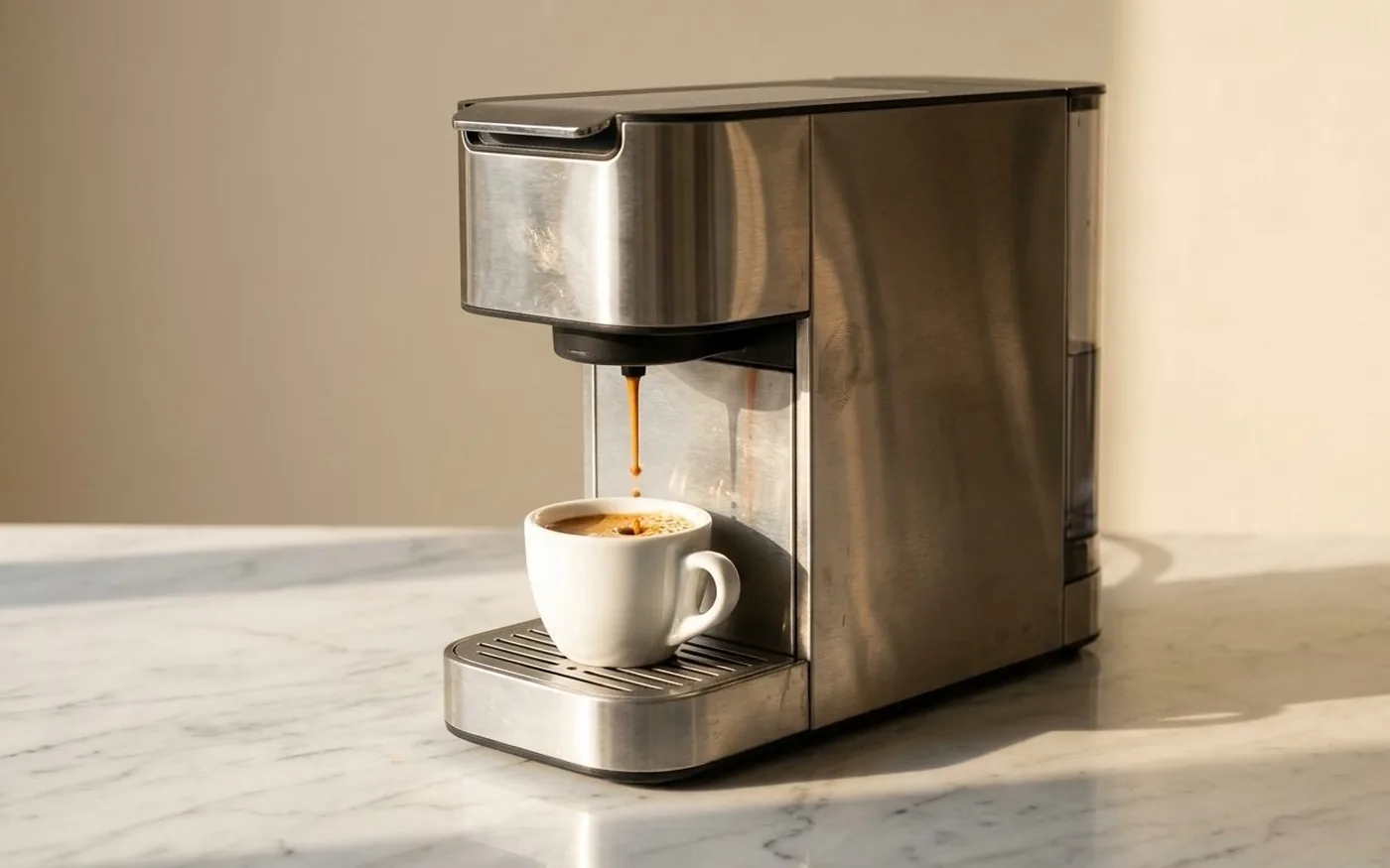 A pod espresso machine extracting dark espresso into a small white ceramic cup on a white marble countertop
