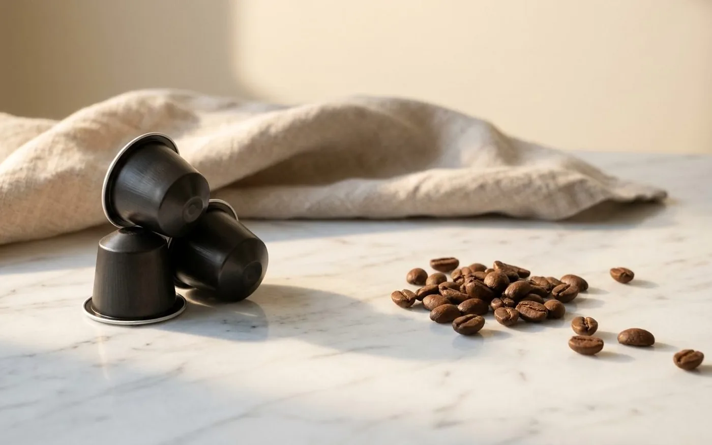 Sealed aluminium coffee capsules beside scattered coffee beans on white marble with a linen cloth