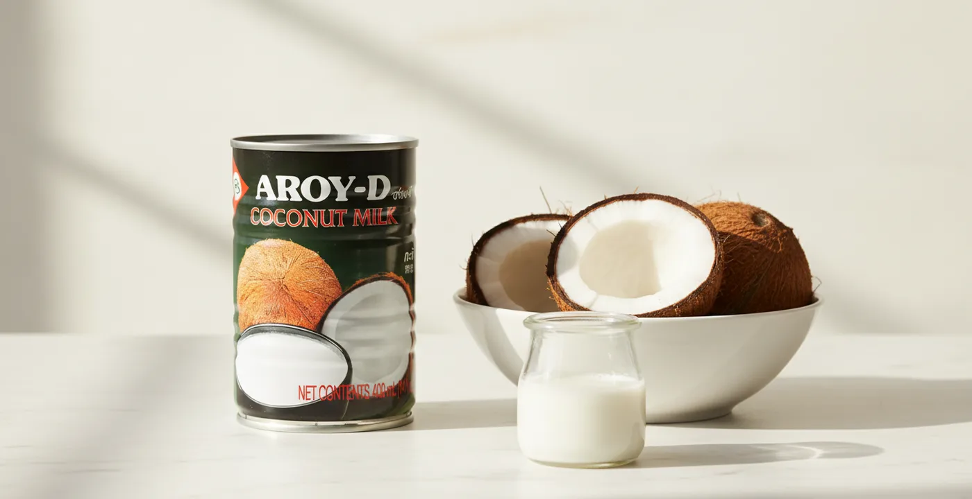 Aroy-D coconut milk cans and carton arranged on a kitchen counter