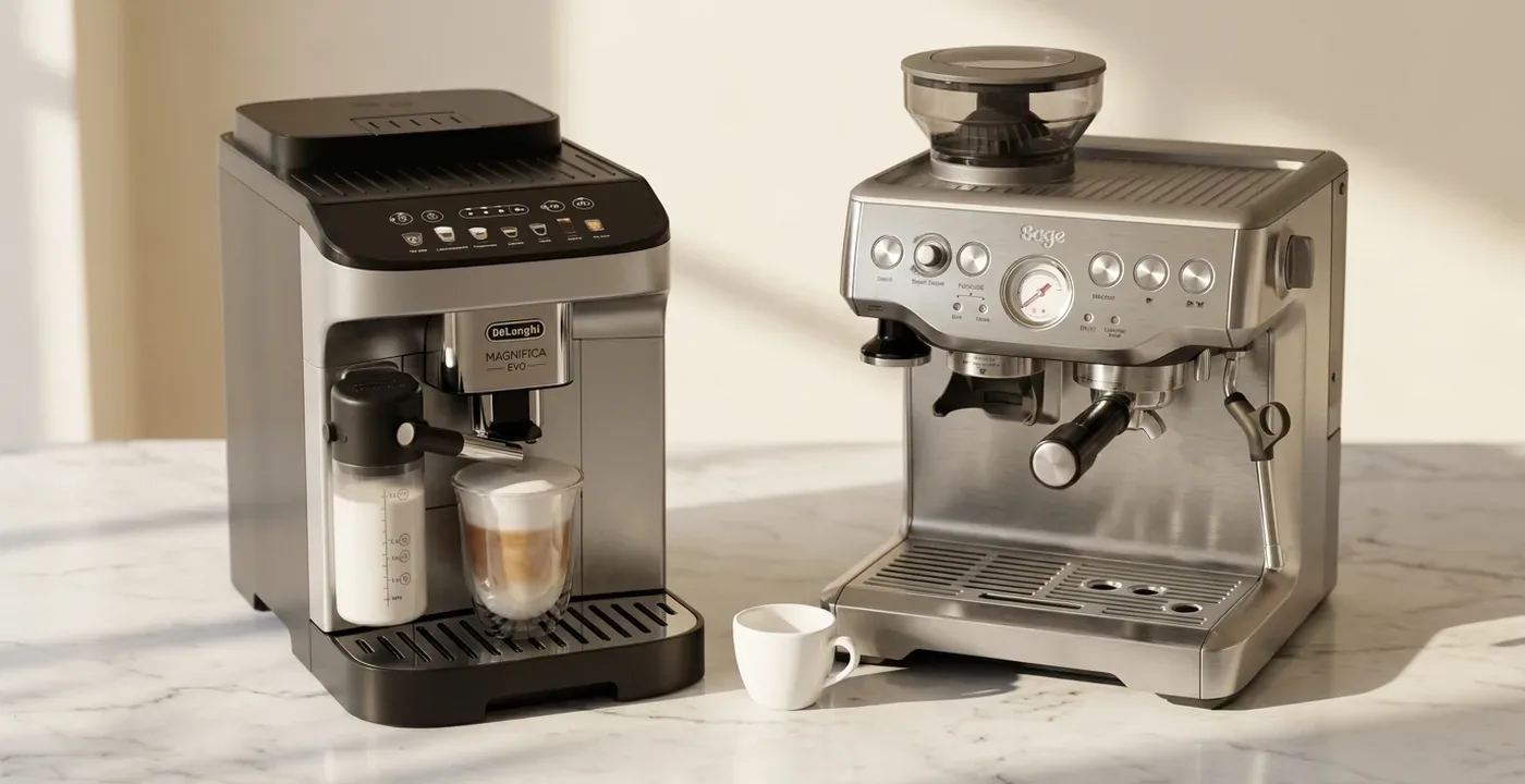 Bean to cup coffee machine and traditional espresso machine side by side on a kitchen counter