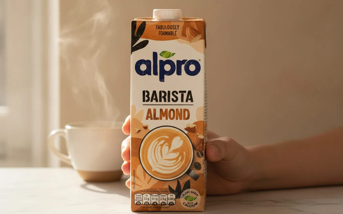 Alpro Barista Almond milk carton on kitchen counter