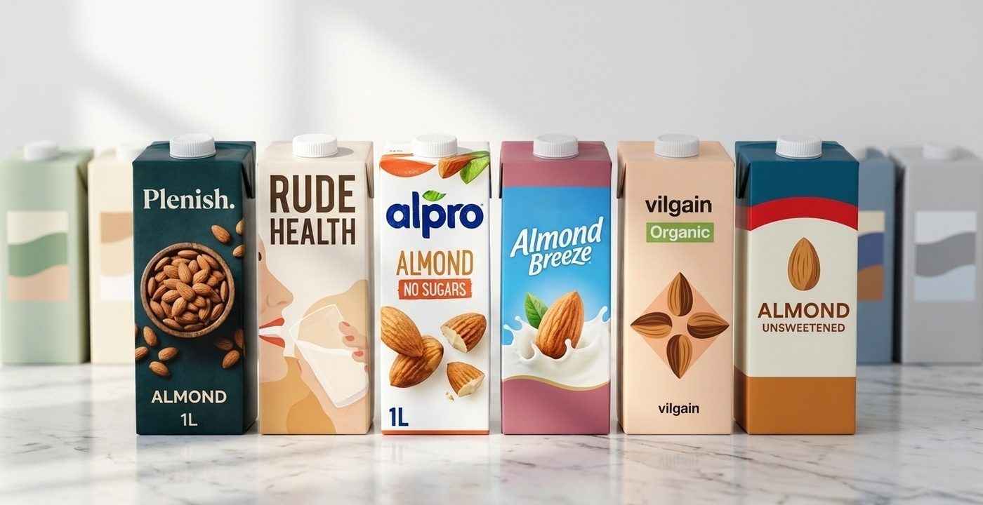 Five UK almond milk cartons lined up on a sunlit marble counter, including Plenish, Rude Health and Alpro