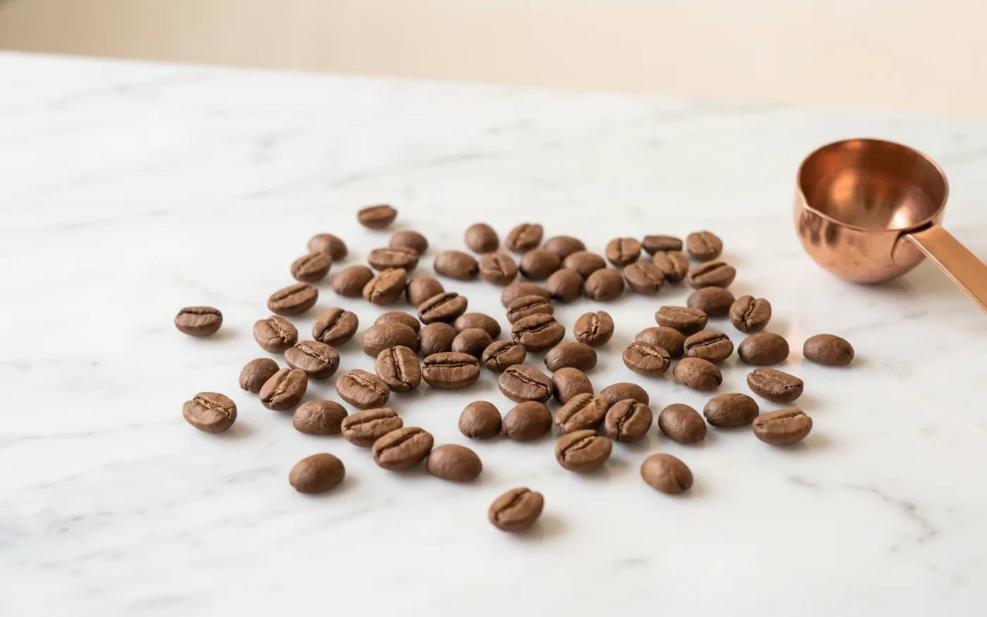Close-up of genuinely roasted coffee beans scattered on white marble with a copper scoop