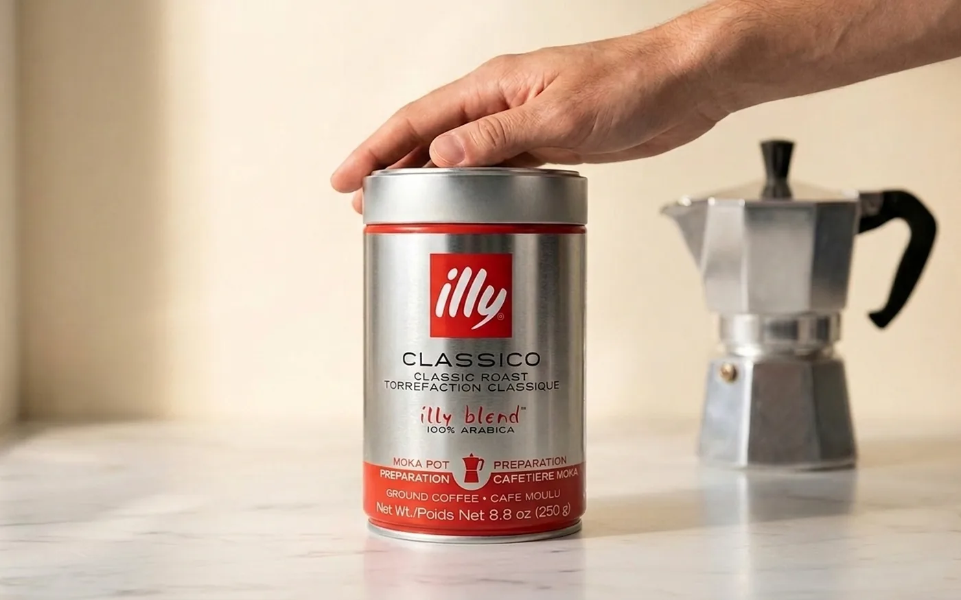 illy Classico Moka ground coffee tin for moka pot