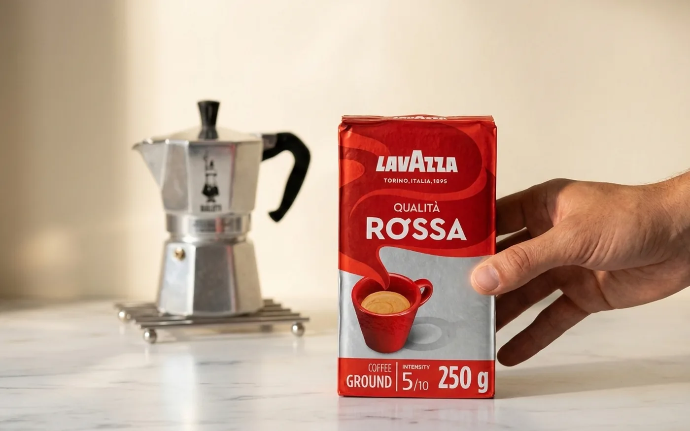 Lavazza Qualita Rossa ground coffee for moka pot