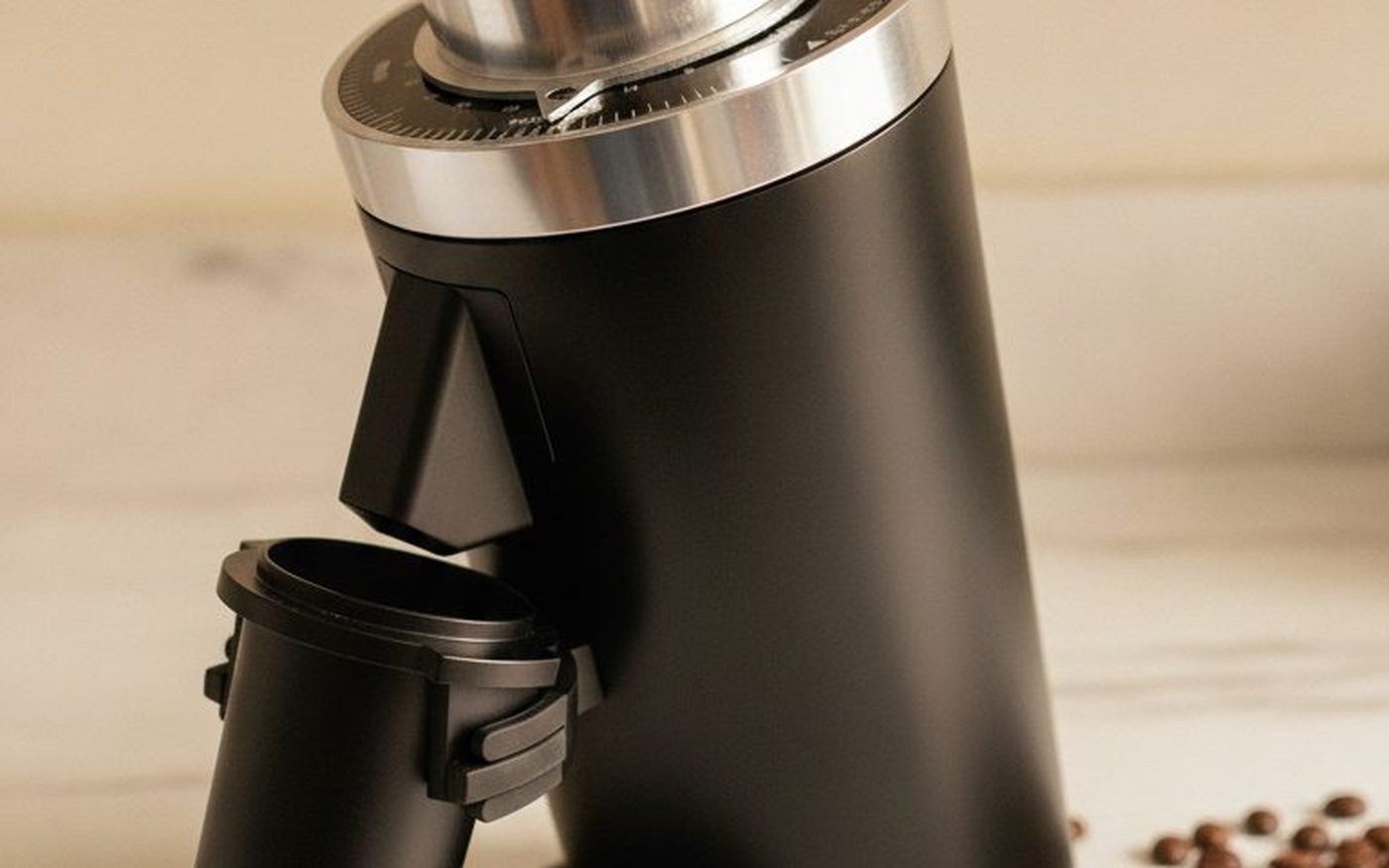 DF64 Gen 2 single-dose flat burr coffee grinder - matte black colourway with walnut cap and chrome adjustment ring
