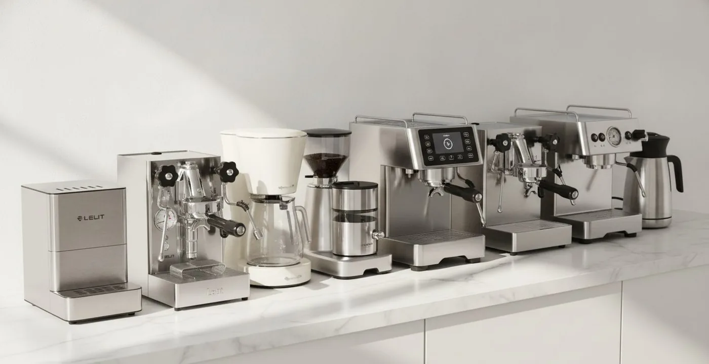 Best coffee machines UK 2026 - a selection of espresso and filter machines on a kitchen counter