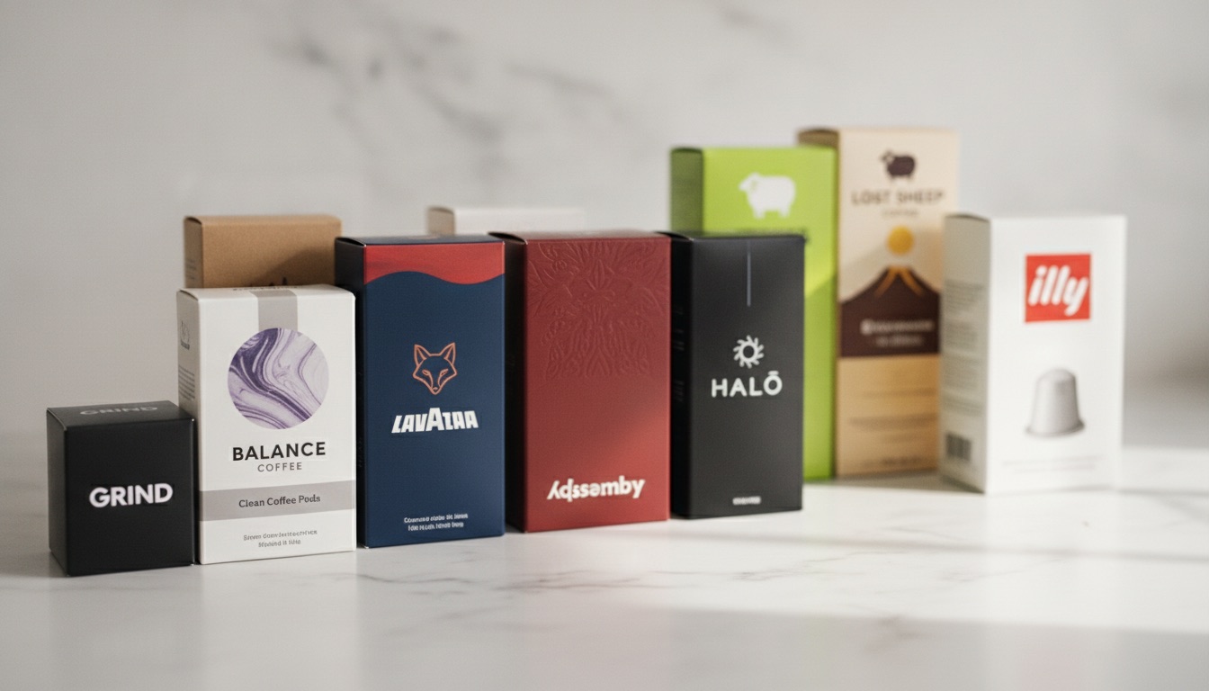 Twelve coffee pods lined up for tasting on a Nespresso Original machine