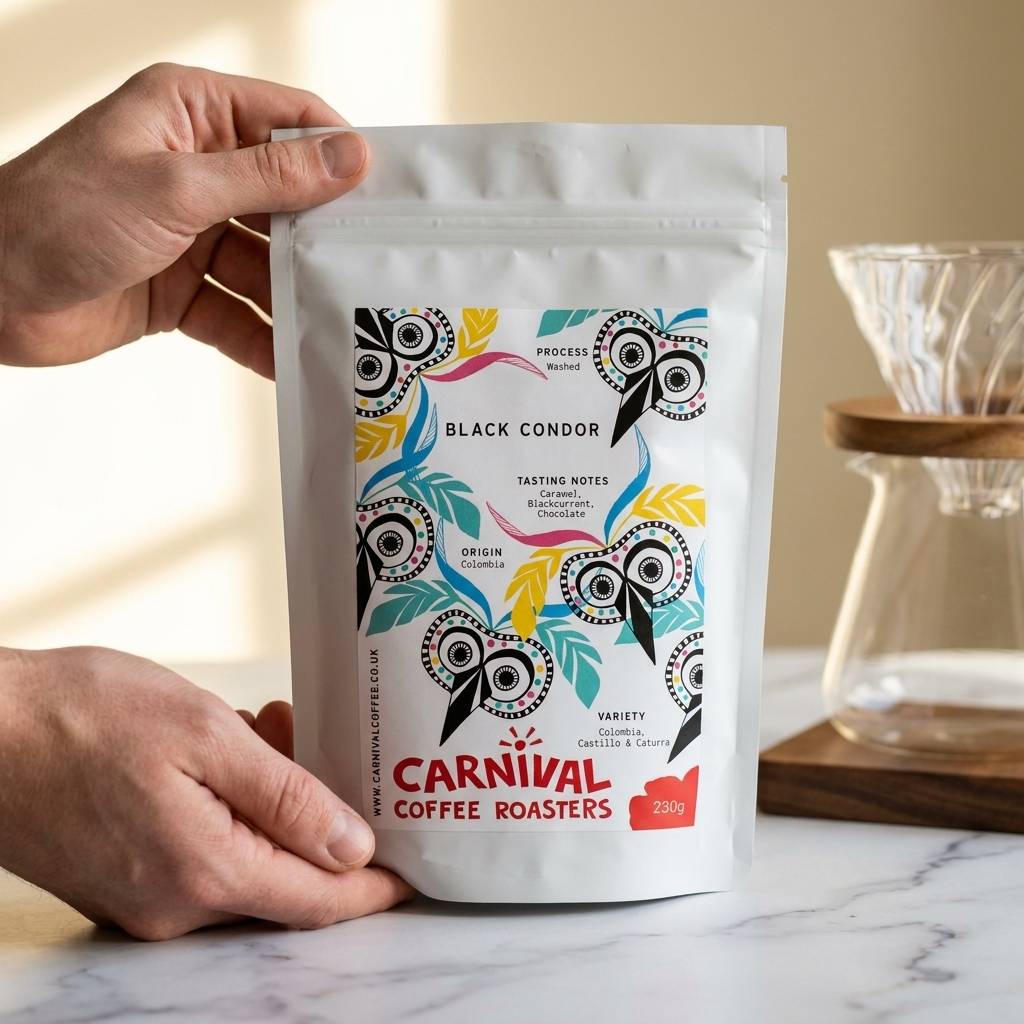 Carnival Coffee Roasters Black Condor espresso coffee beans pouch held in two hands beside a V60 pour-over, Penge, South East London