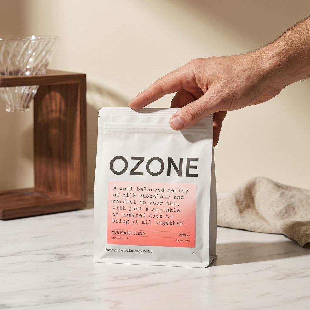 Ozone Coffee Roasters Our House blend 220g coffee bag with pink label on a white marble counter, hand resting on top
