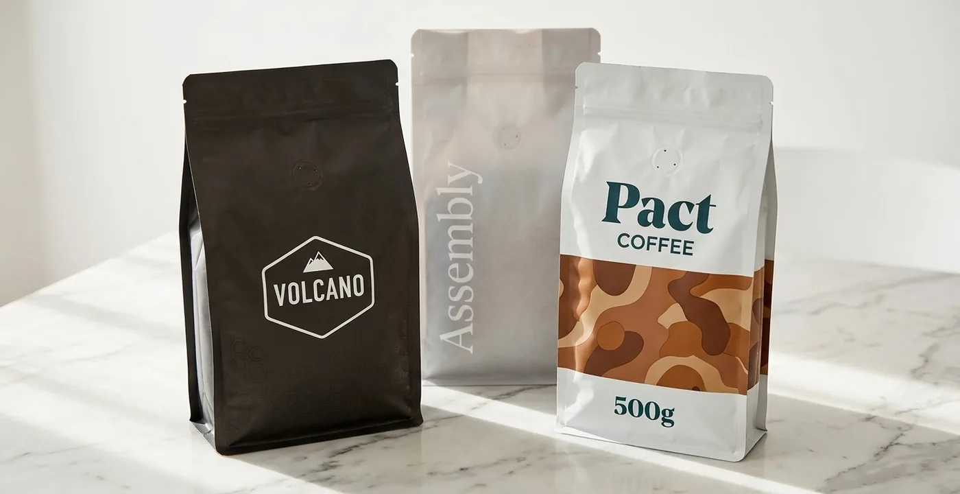 Volcano Coffee Works, Assembly Coffee and Pact Coffee subscription bags side by side - the top three ranked coffee subscriptions UK