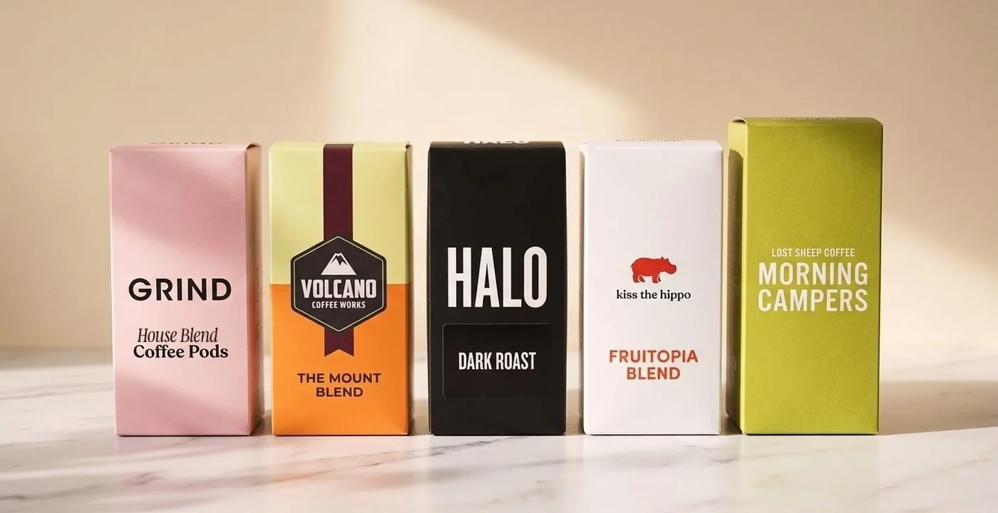 Compostable coffee pod boxes from Grind, Volcano Coffee Works, Halo, Kiss the Hippo, and Lost Sheep Coffee arranged on a white marble countertop