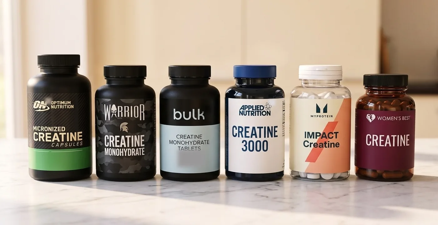 Six creatine bottles on a marble counter: Optimum Nutrition, Warrior, Bulk, Applied Nutrition, Myprotein and Women's Best
