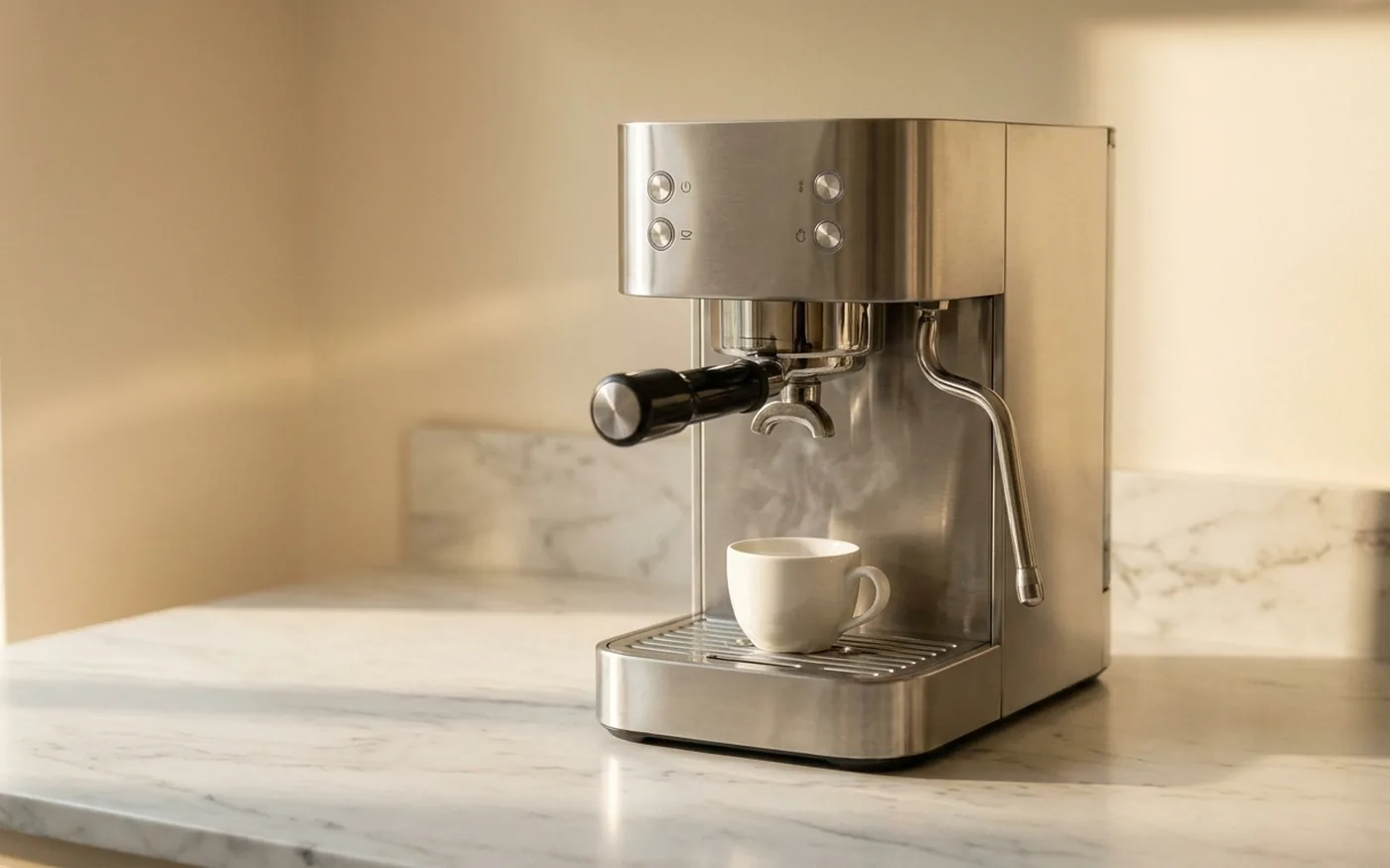 De'Longhi Dedica EC685 compact espresso machine on a white marble countertop