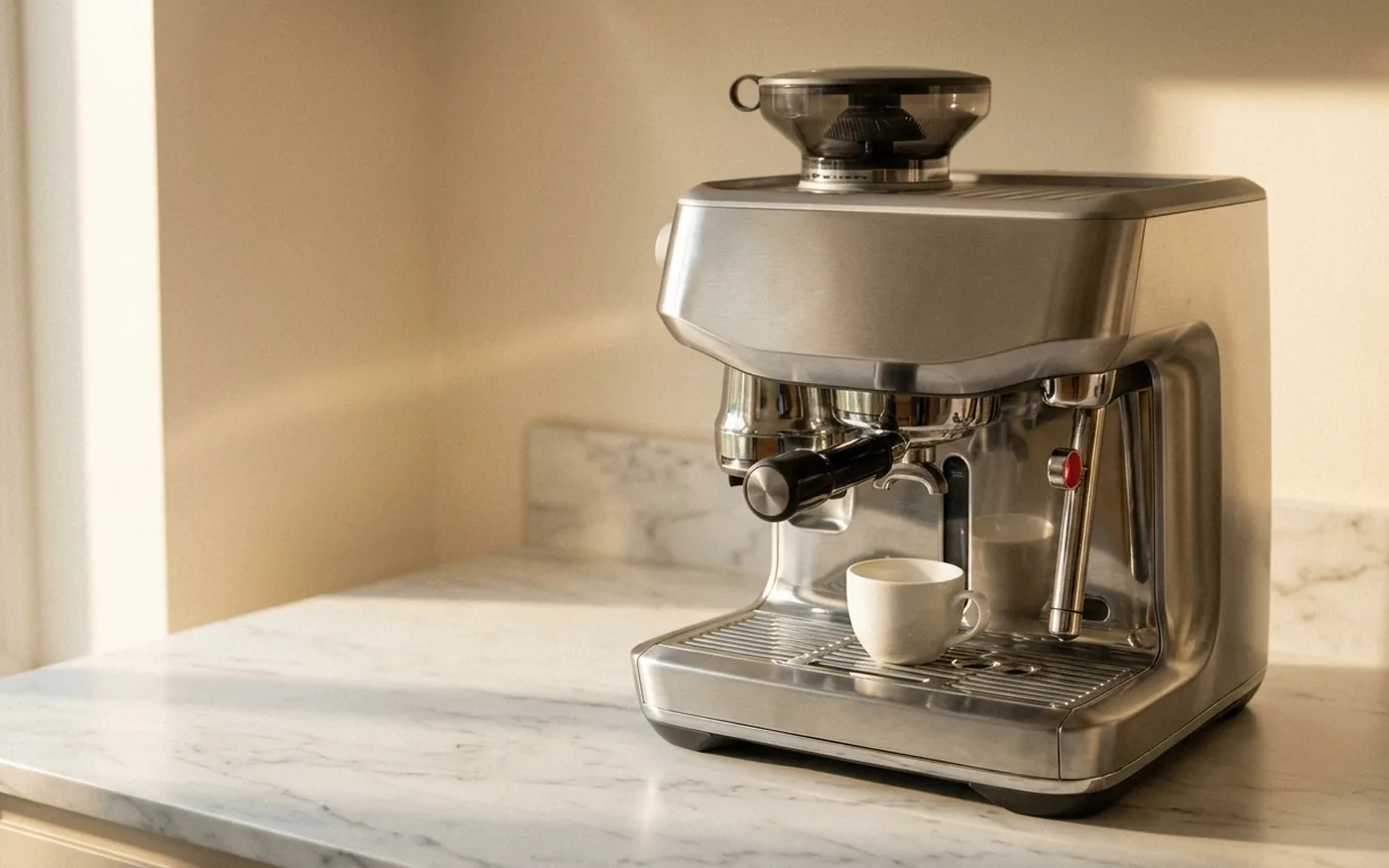 De'Longhi Dedica Maestro Plus espresso machine with built-in grinder on marble