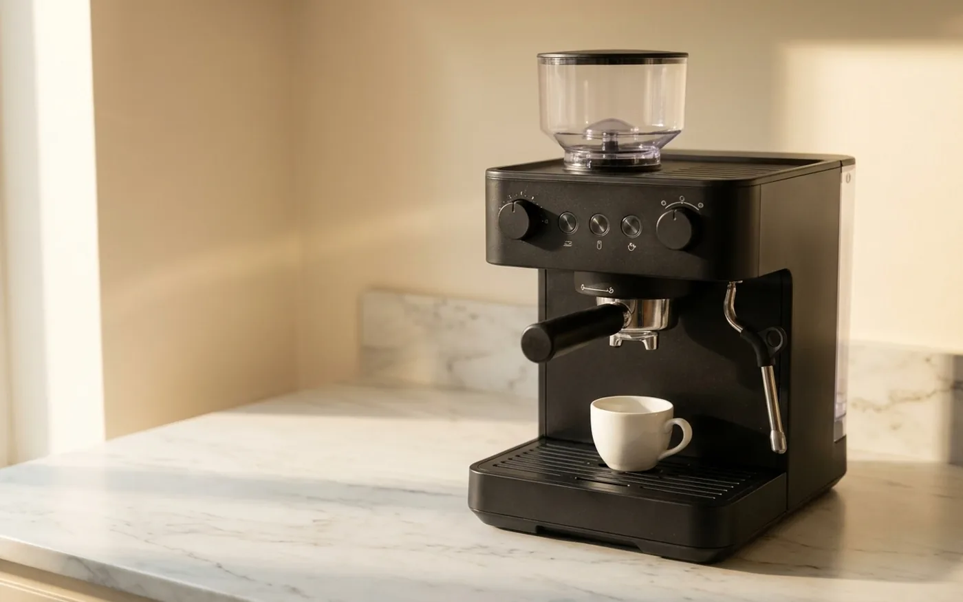 De'Longhi Magnifica S bean-to-cup coffee machine on a white marble countertop