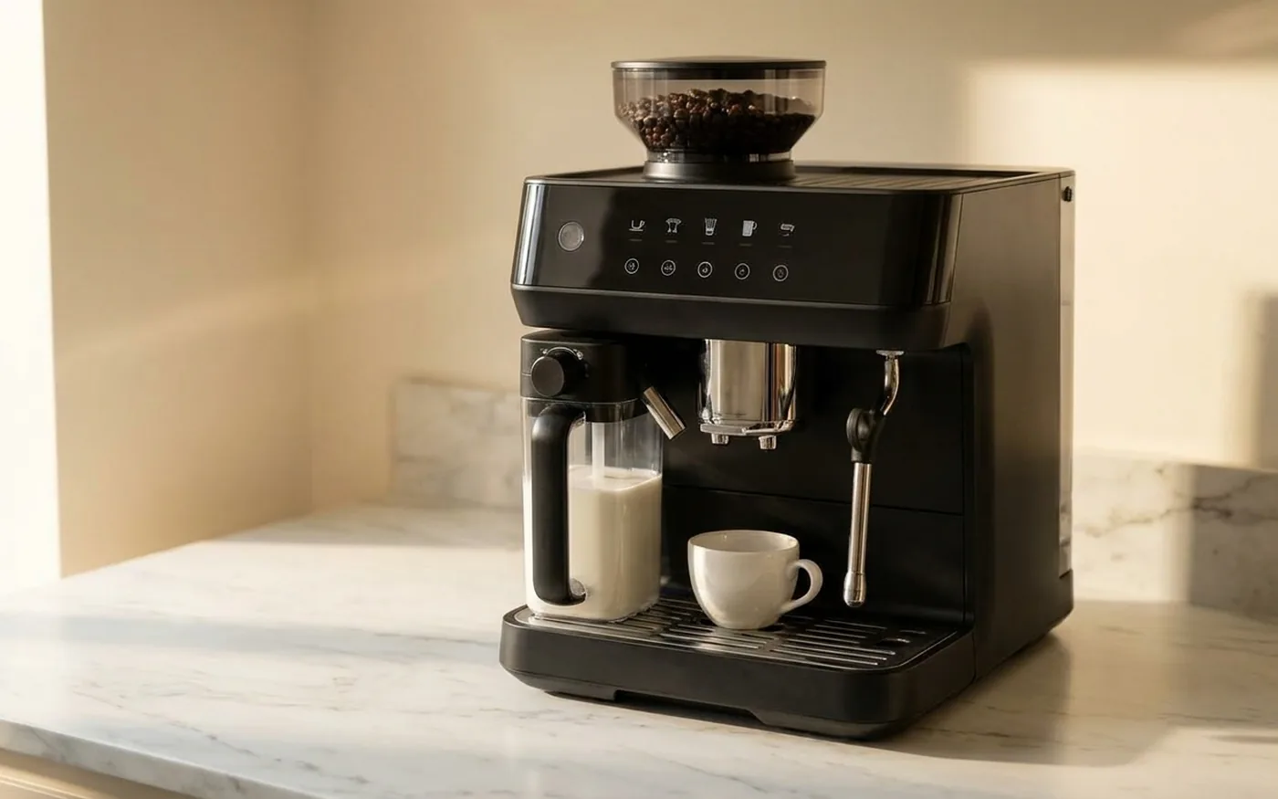De'Longhi Magnifica Evo bean-to-cup machine on a white marble countertop