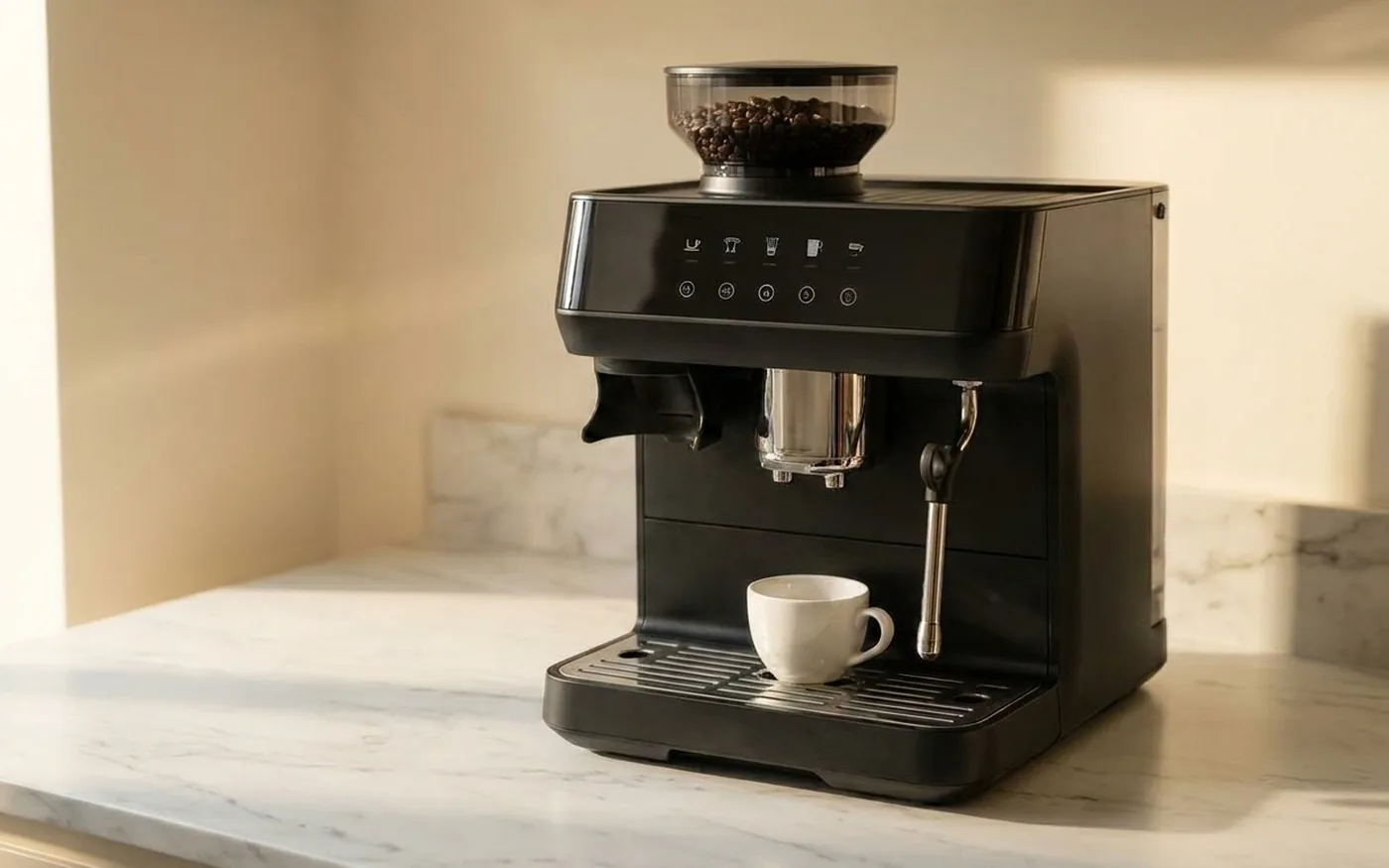 De'Longhi Magnifica Evo Next bean-to-cup machine on a white marble countertop
