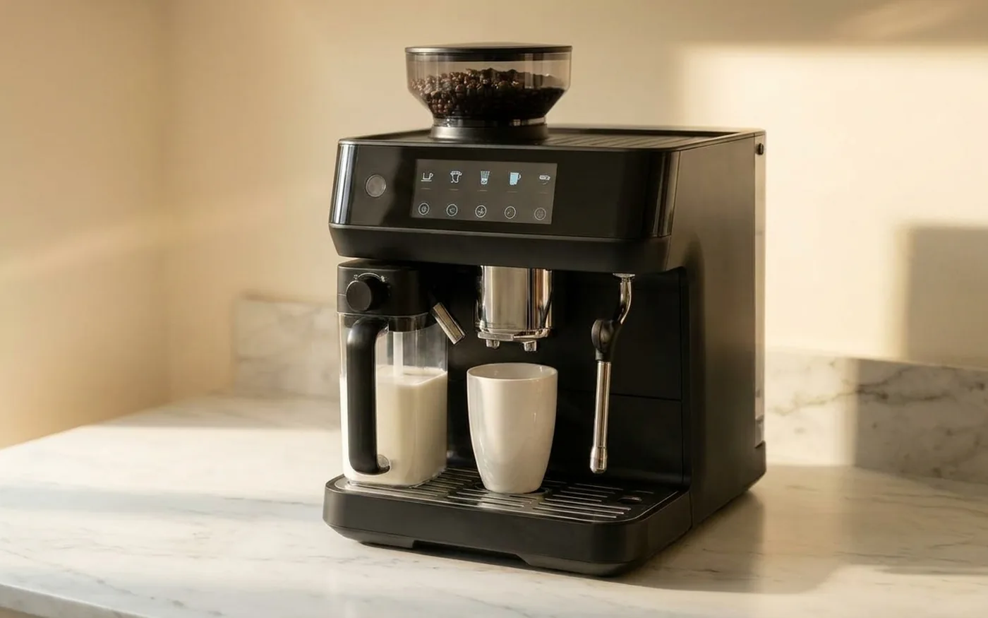 De'Longhi Dinamica bean-to-cup machine with milk carafe on marble countertop