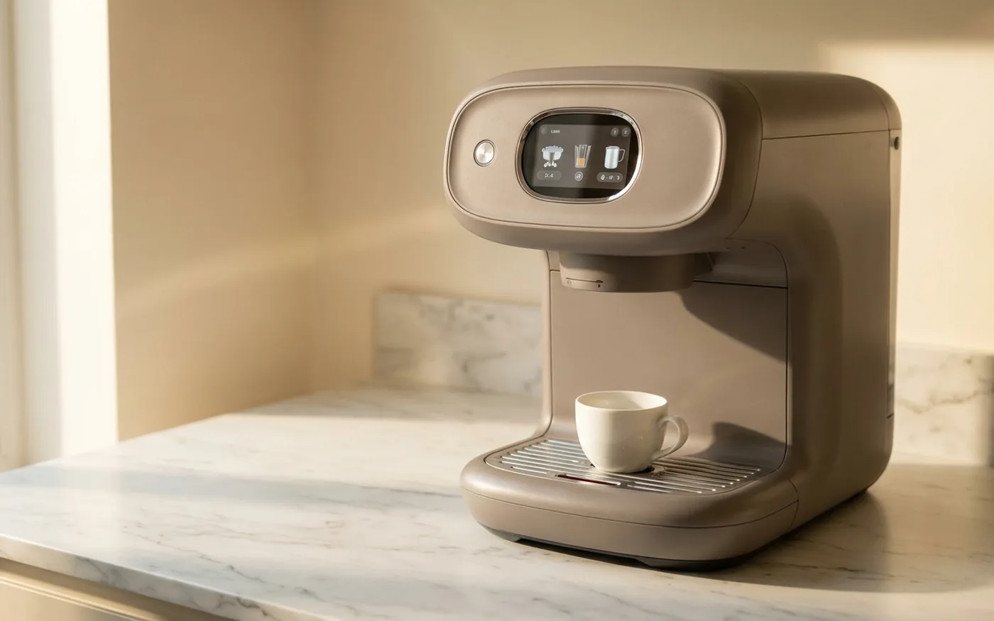De'Longhi Rivelia compact bean-to-cup machine in taupe finish on marble countertop