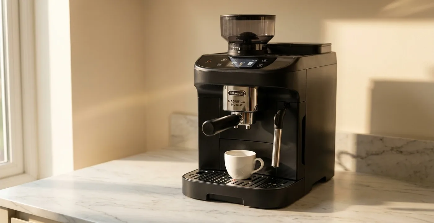 De'Longhi coffee machine range including espresso and bean-to-cup models on a white marble countertop