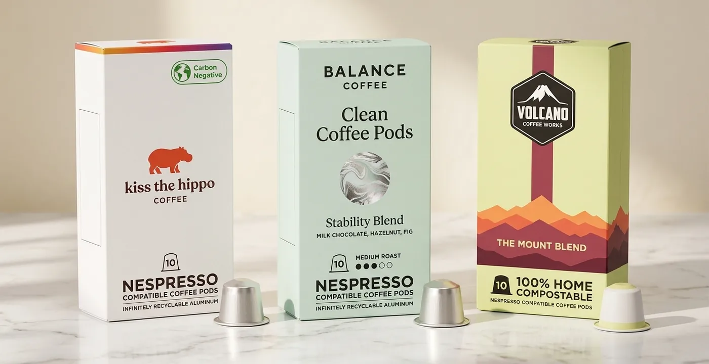 Best eco-friendly coffee pods UK 2026 - compostable and sustainable coffee pod brands arranged on white marble