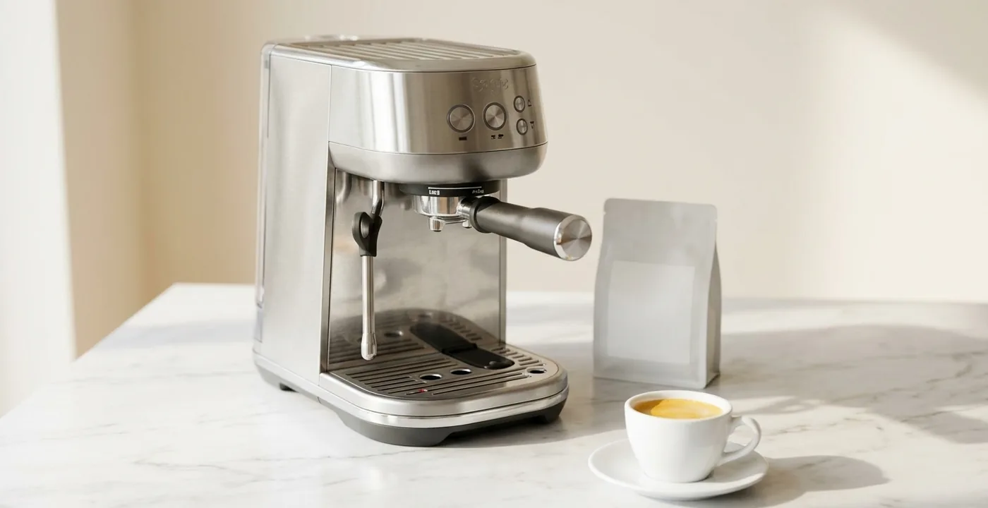 Sage Bambino Plus espresso machine on a kitchen worktop