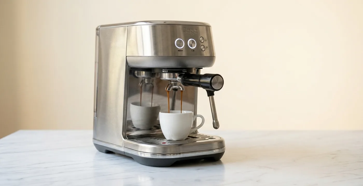Sage Bambino Plus compact espresso machine on kitchen counter pulling a double espresso shot