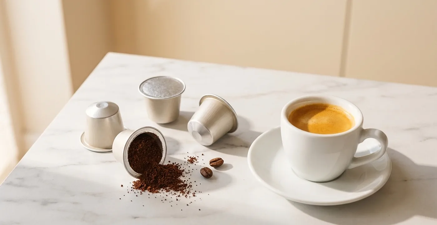 Best espresso pods UK - aluminium Nespresso-compatible espresso pods on a white marble surface beside a freshly pulled espresso with golden crema