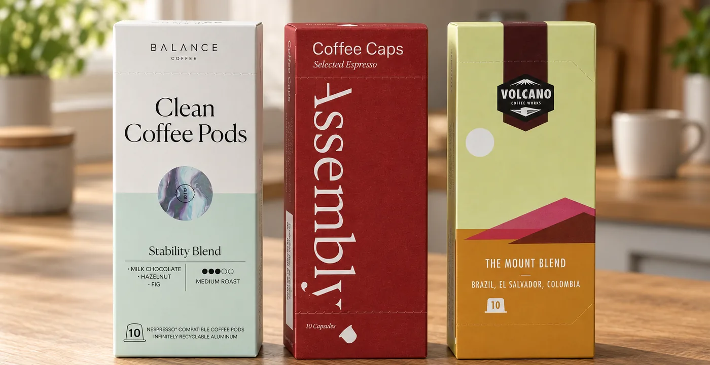 Three Nespresso-compatible espresso pod boxes on an oak kitchen counter: Balance Coffee Clean Pods Stability Blend, Assembly Coffee Selected Espresso and Volcano Coffee Works The Mount Blend