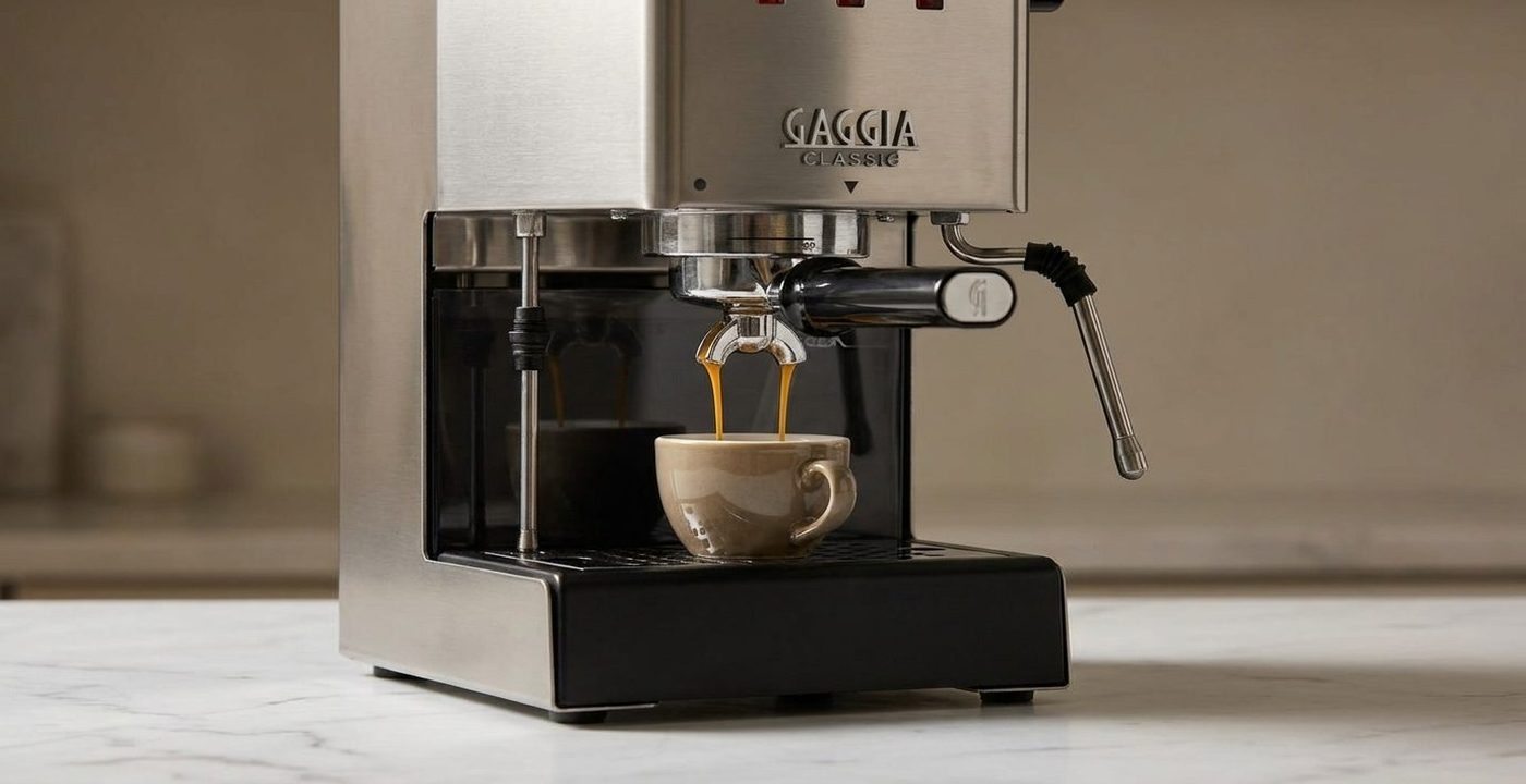 Gaggia Classic Pro espresso machine on kitchen counter pulling a shot of espresso