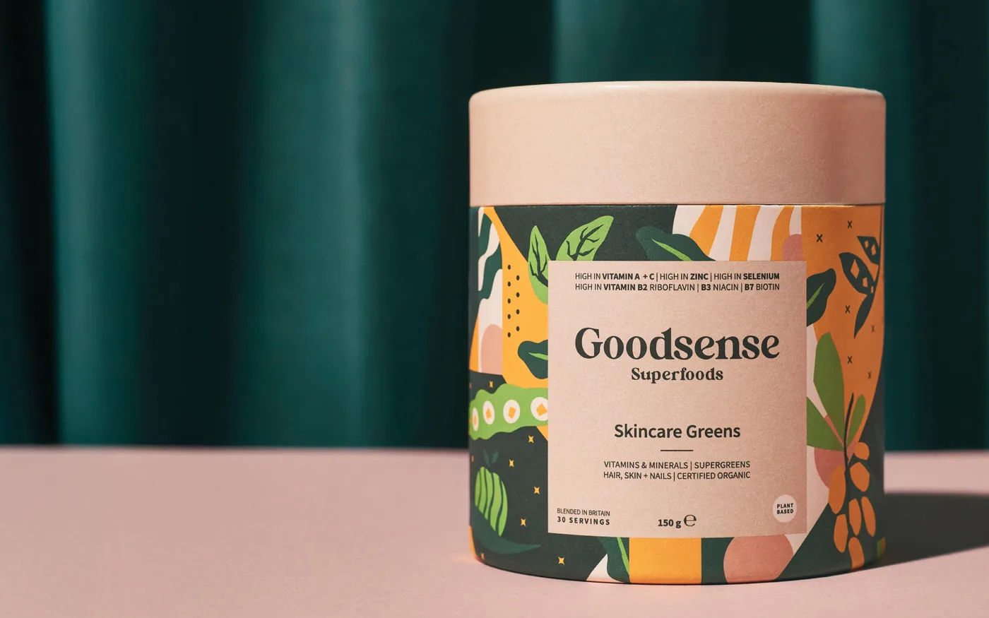 Goodsense Superfoods Skincare Greens tub on a pink surface