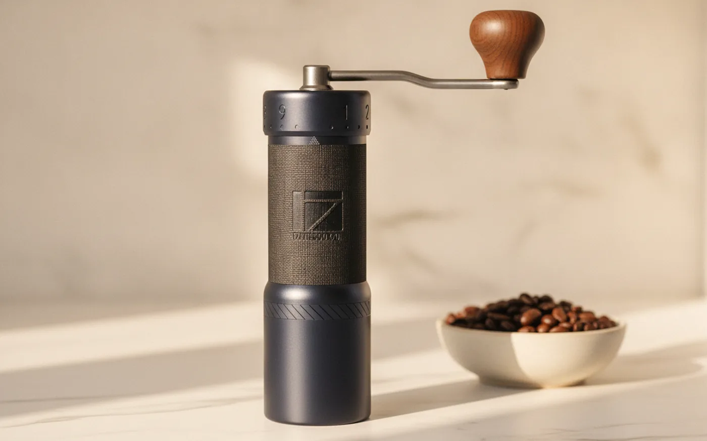 1Zpresso J-Ultra grinder on wooden surface with coffee