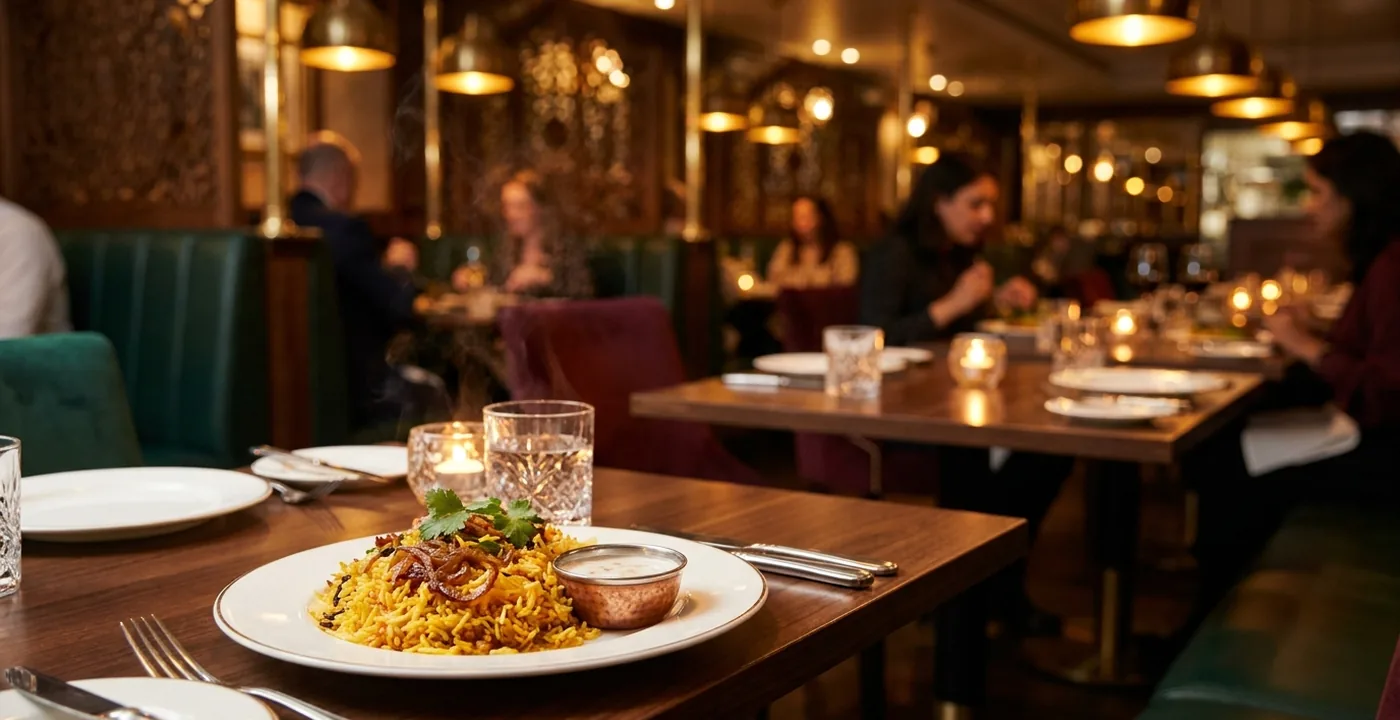 London Indian fine dining restaurant interior with biryani dish and atmospheric lighting