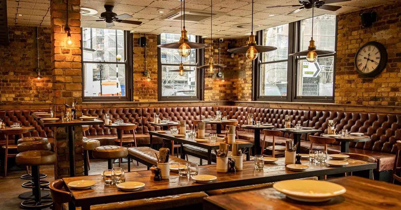 Flour and Grape restaurant interior, pasta and natural wine dining in Bermondsey, London