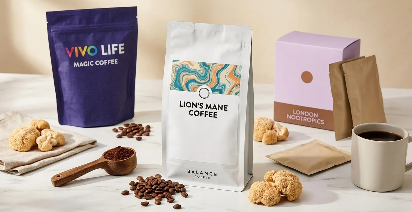 Five mushroom coffee brands including Balance Coffee, Dirtea, London Nootropics, Four Sigmatic and Merryhill Mushrooms arranged on a white marble countertop