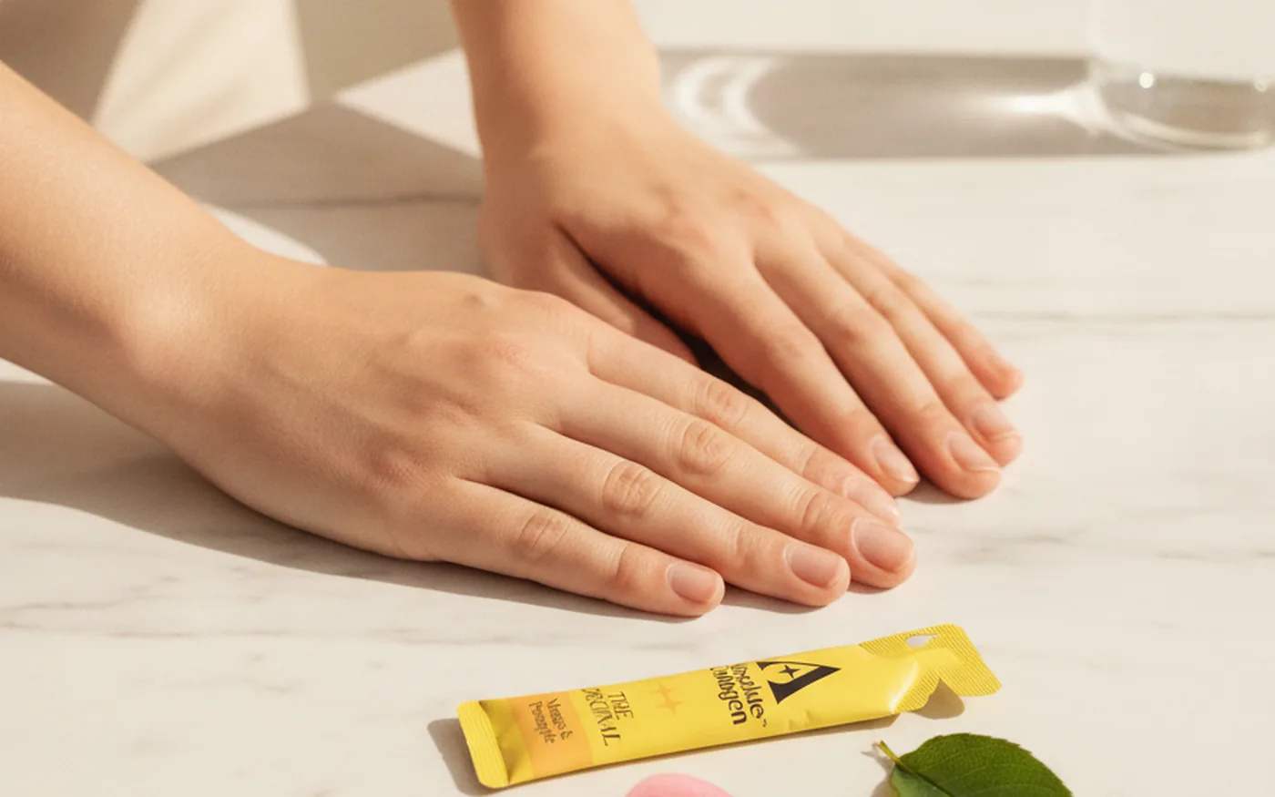 Hands and collagen supplement sachet with rose petals on white marble showing skin wellness routine