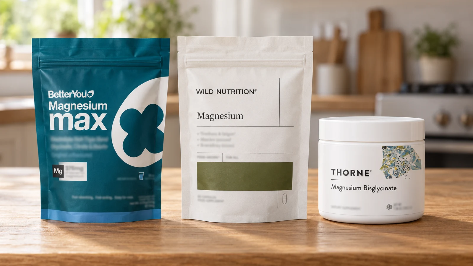 Three magnesium supplements on an oak kitchen counter: BetterYou, Wild Nutrition and Thorne