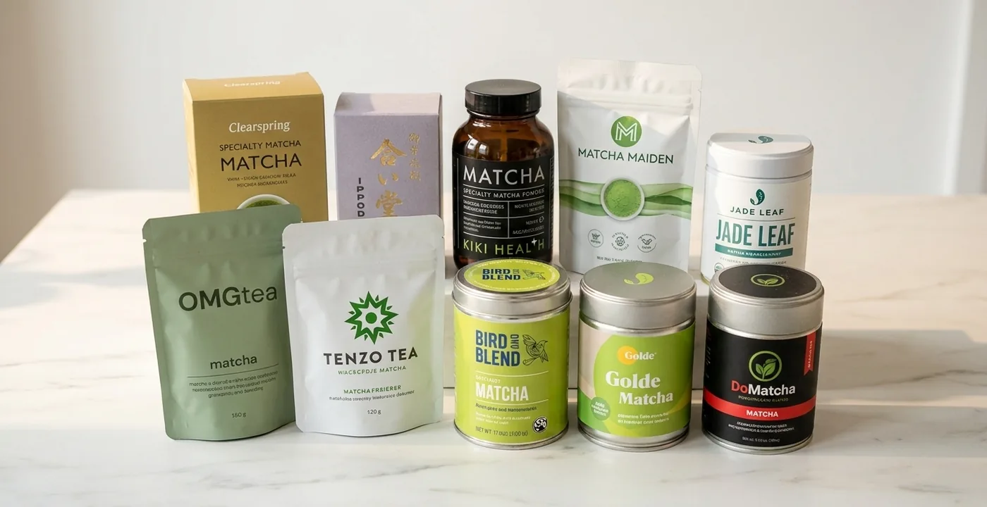 The best matcha brands in 2026 displayed on a white marble surface with soft natural lighting