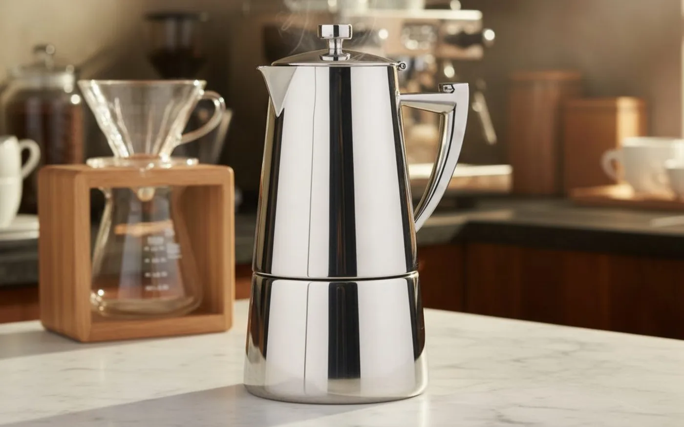 Cuisinox Roma 6-cup on countertop, stainless steel with cool-touch handle