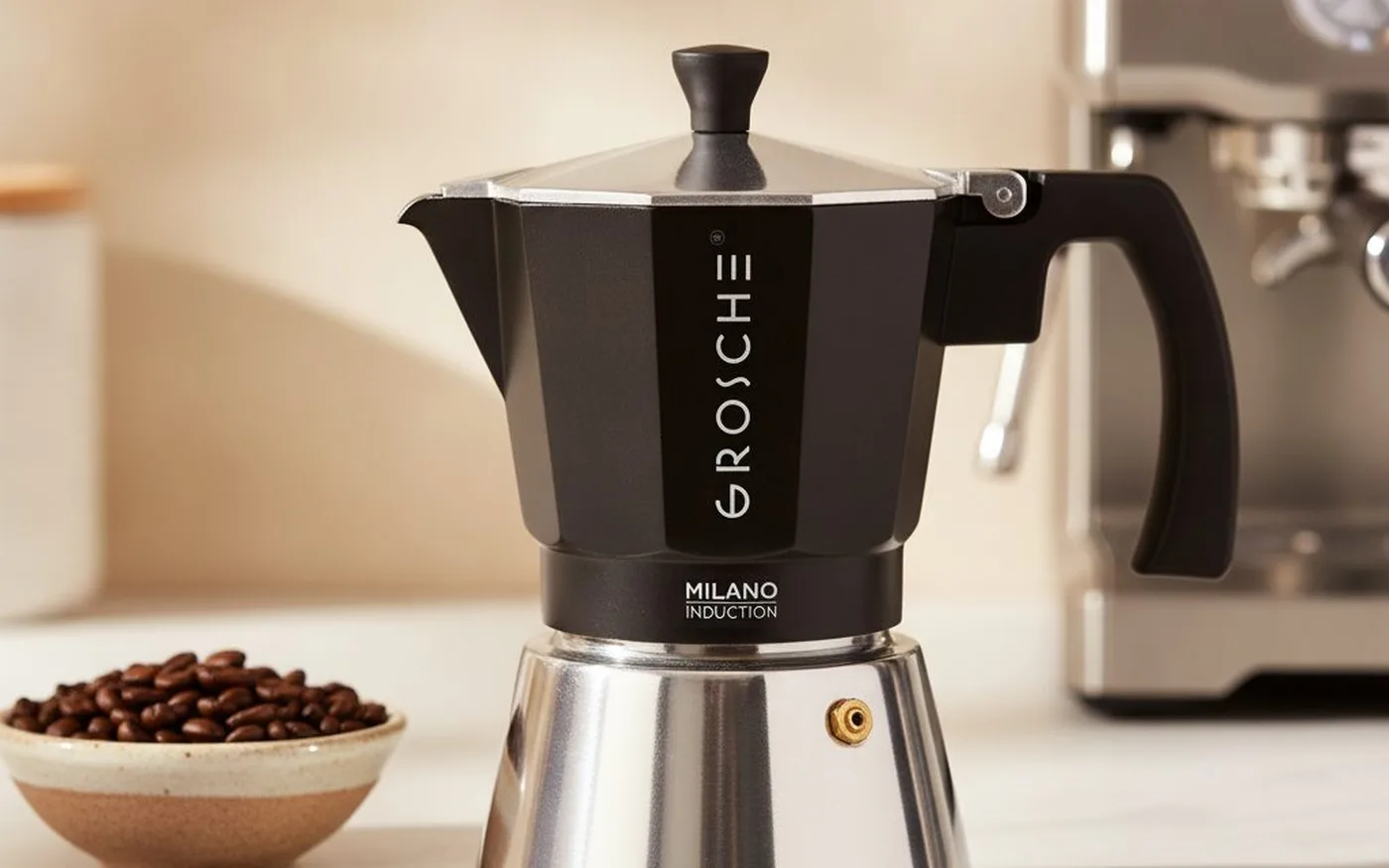 Grosche Milano 6-cup in black colourway on hob showing the modern design at budget price