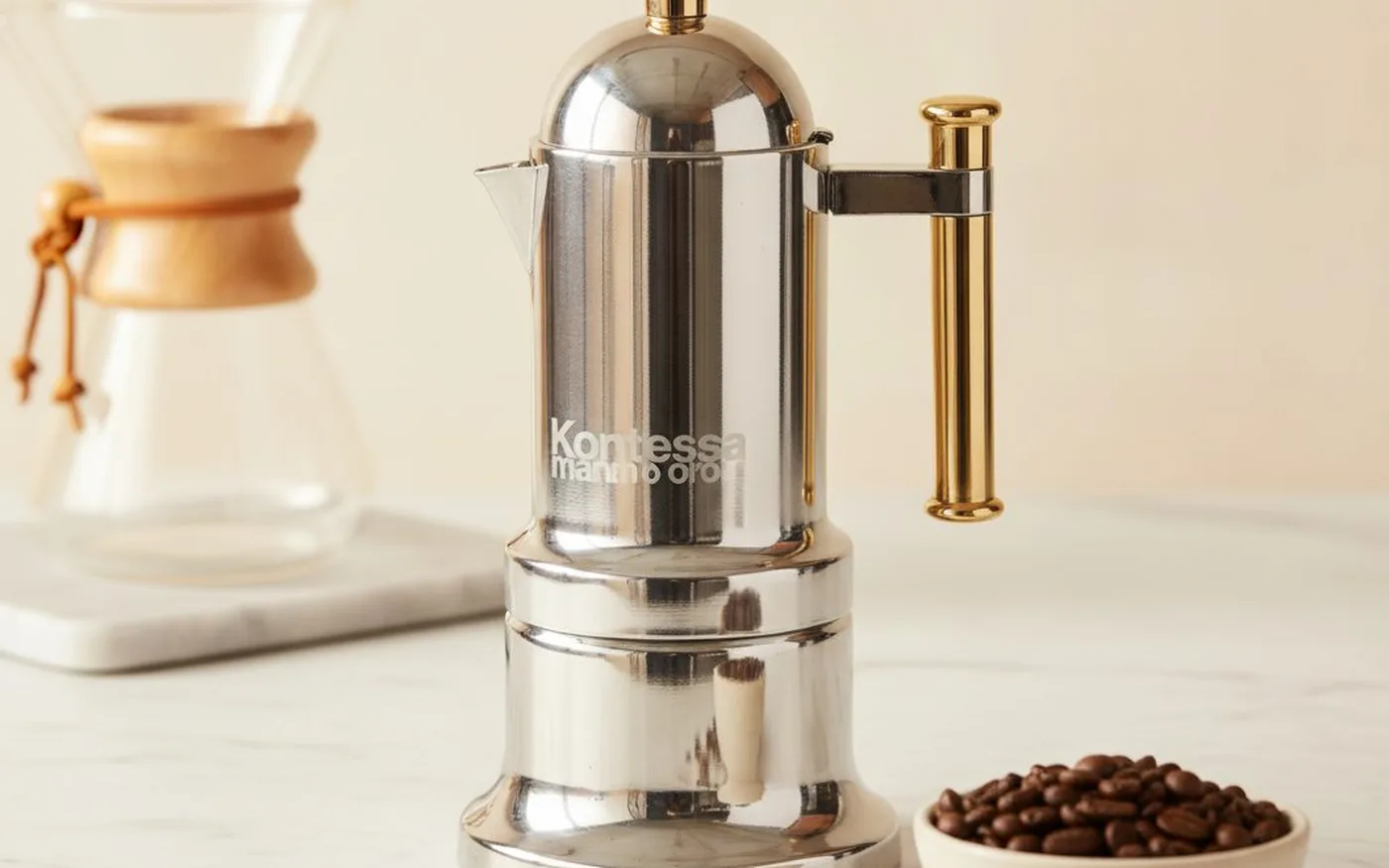Vev Vigano Kontessa Gold 6-cup showing the anodised finish and distinctive silhouette