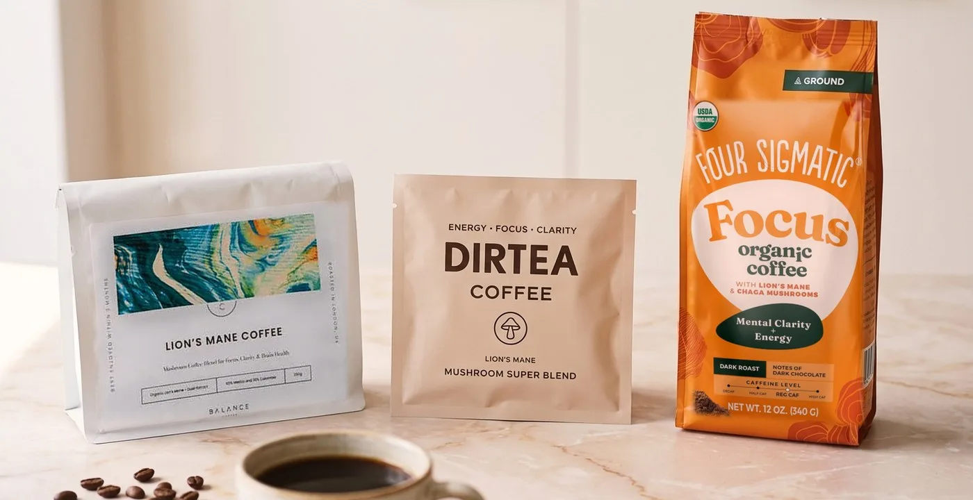 Balance Coffee Lion's Mane Coffee bag, DIRTEA Coffee Lion's Mane mushroom super blend sachet and Four Sigmatic Focus organic ground coffee bag side by side on a marble counter with a cup of black coffee